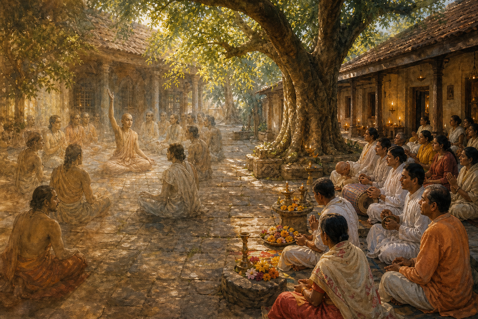 A seamless painting contrasts a historical renunciation gathering with present-day devotees praying and singing in the same shaded courtyard.