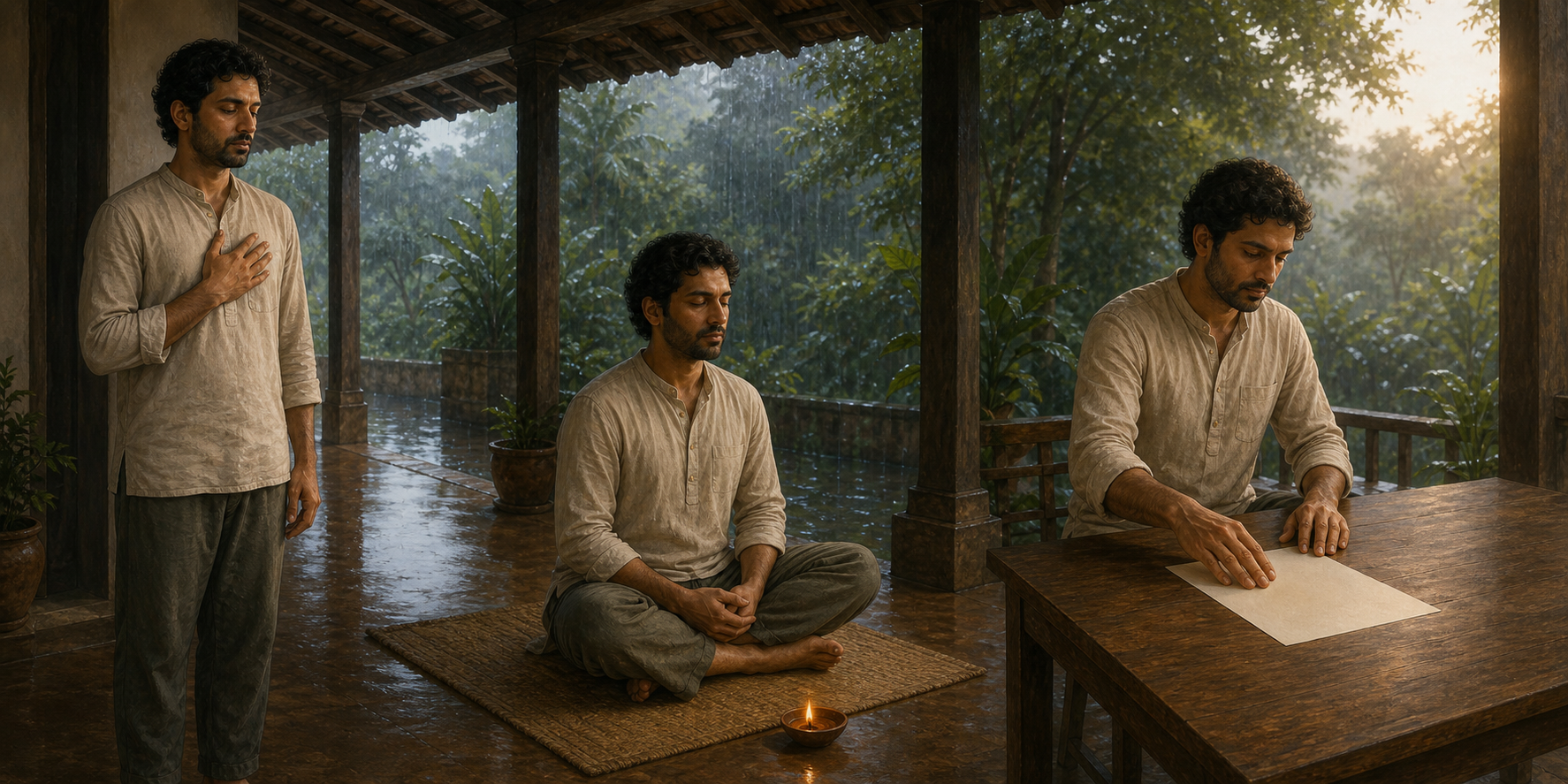 A person pauses with a hand over the heart, sits quietly beside a lamp, and then places one sheet on a clear desk.