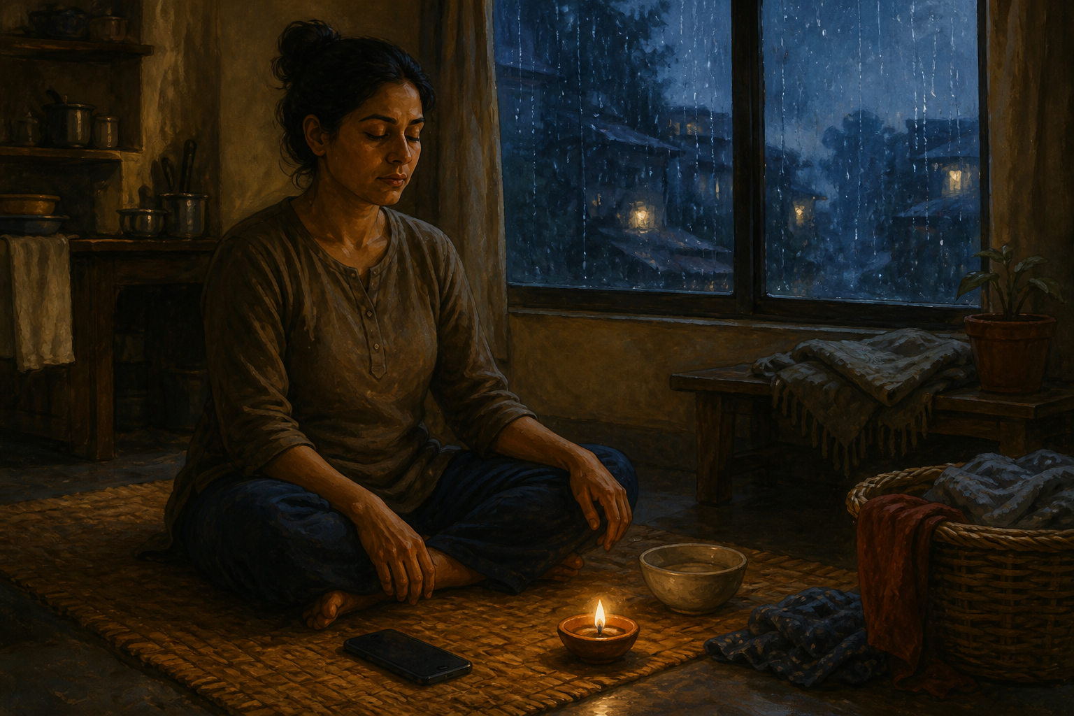 A tired person maintains a brief evening practice on a woven mat while rain falls outside and unfinished chores remain nearby.