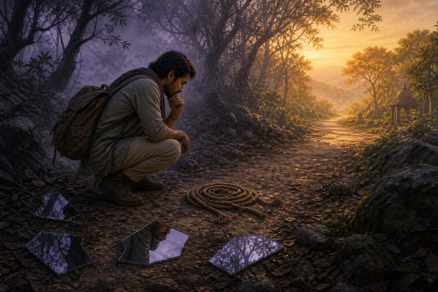 A traveler on a dim forest path examines a coiled rope near broken mirrors as clear light reveals the path and trees beyond.