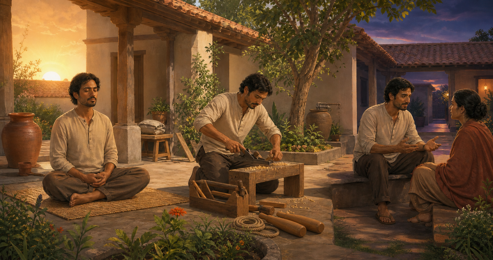 The same person practices quiet breathing, physical training, focused work, and compassionate conversation across a courtyard from sunrise to dusk.
