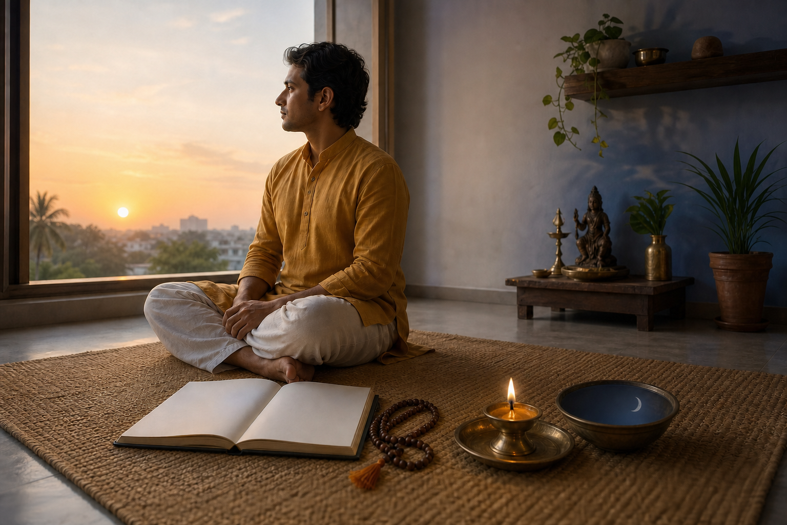 A practitioner sits beside a dawn window with a blank notebook, prayer beads, a brass lamp, and a bowl reflecting the moon.