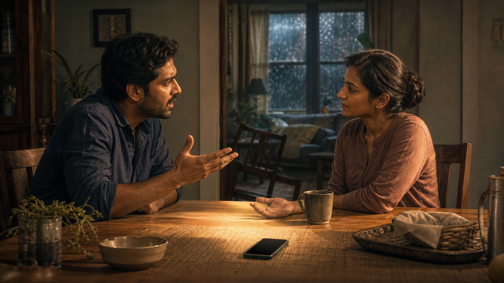Two adults have a tense conversation at a dining table while one pauses calmly before responding as rain falls outside.