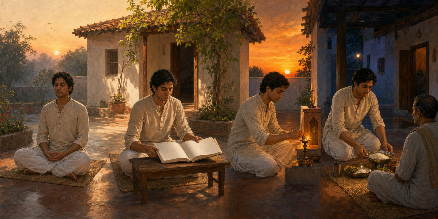The same household practitioner meditates, studies an unmarked book, tends an oil lamp, and serves a meal at different times of day around a courtyard home.