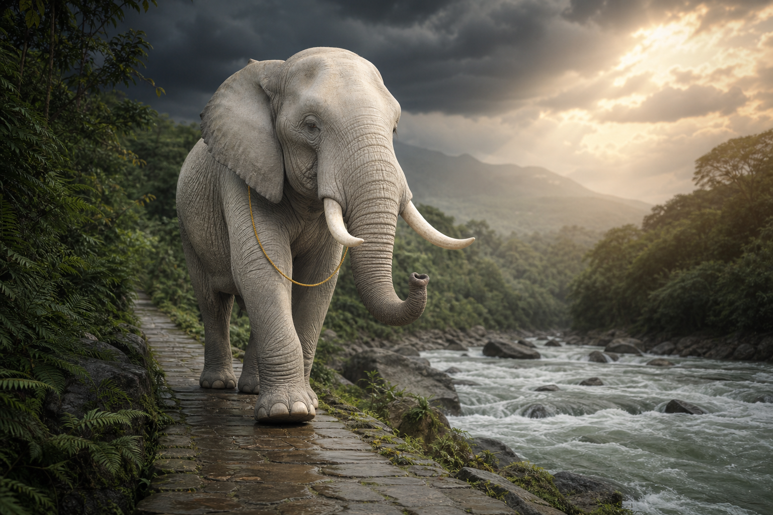 A powerful white elephant walks calmly from stormy shadow into sunlight along a riverside stone path.