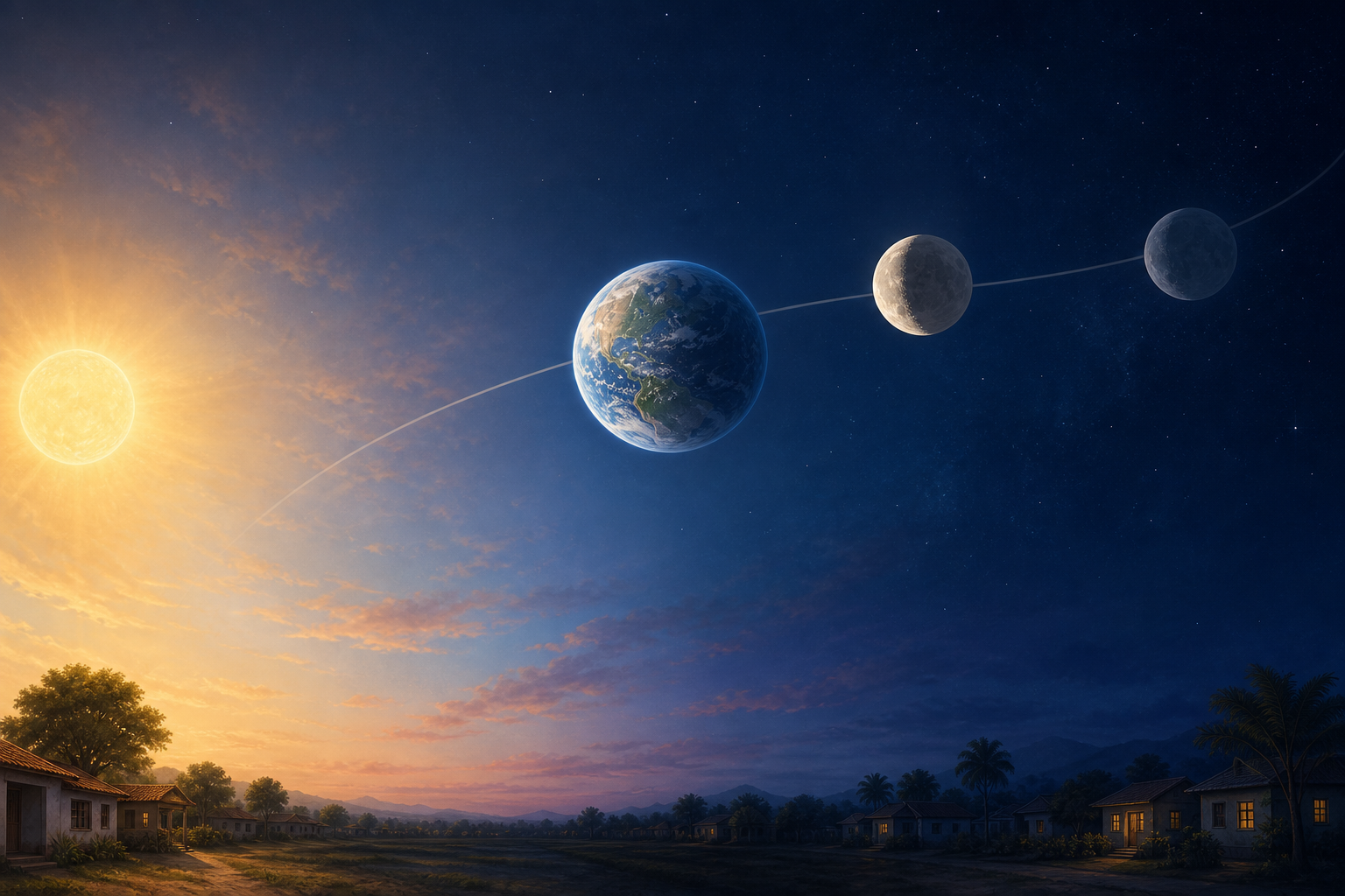 The Sun, Earth, and Moon appear in a celestial scene with the Moon in two positions above a landscape changing from day to night.