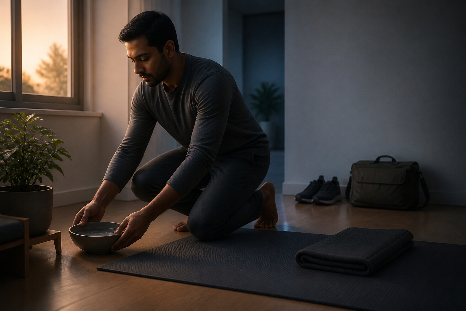 A person pauses beside a meditation mat while carefully tending a houseplant in a softly lit room at dawn.