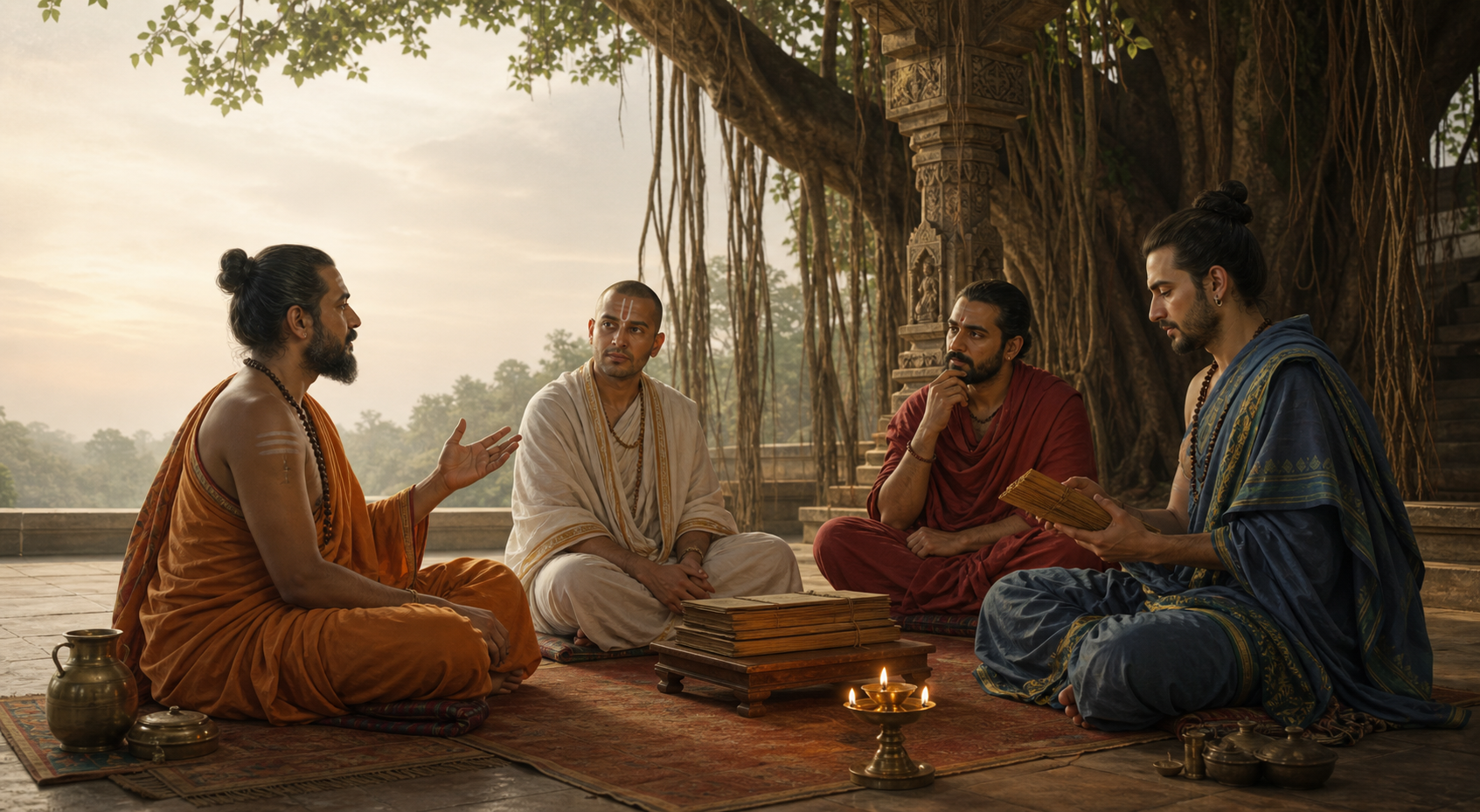 Four people from distinct Dharmic traditions sit in a circle beneath a banyan tree, listening and speaking around palm-leaf manuscripts.
