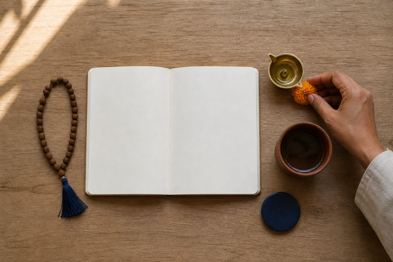 A hand places a flower beside a brass lamp, prayer beads, water, a blank notebook, and a plain lunar token on a wooden table.
