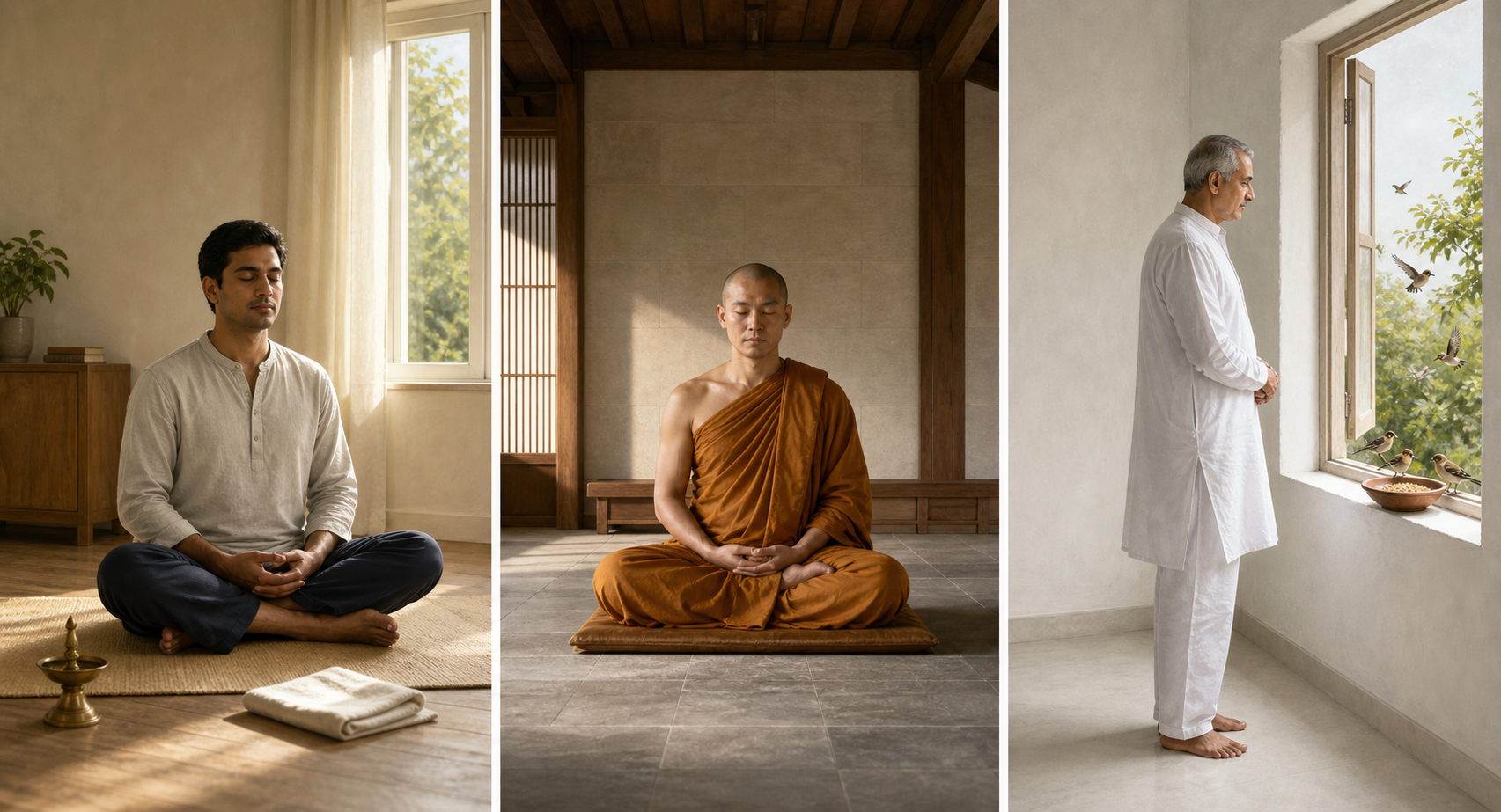 A Hindu householder, a Buddhist monastic, and a Jain lay practitioner engage in quiet disciplines in three distinct spaces.