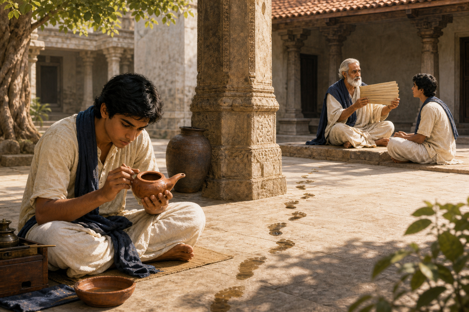 A student observes a lamp, follows wet footprints toward a hidden water jar, and listens to a teacher holding an unmarked palm-leaf manuscript.
