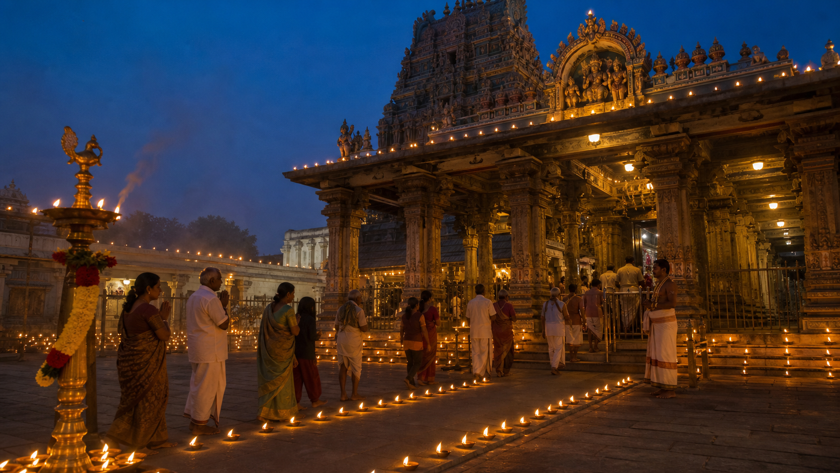 Devotees approach Sri Kodandarama Swamy Temple in Tirupati as rows of oil lamps illuminate the temple forecourt at dusk.