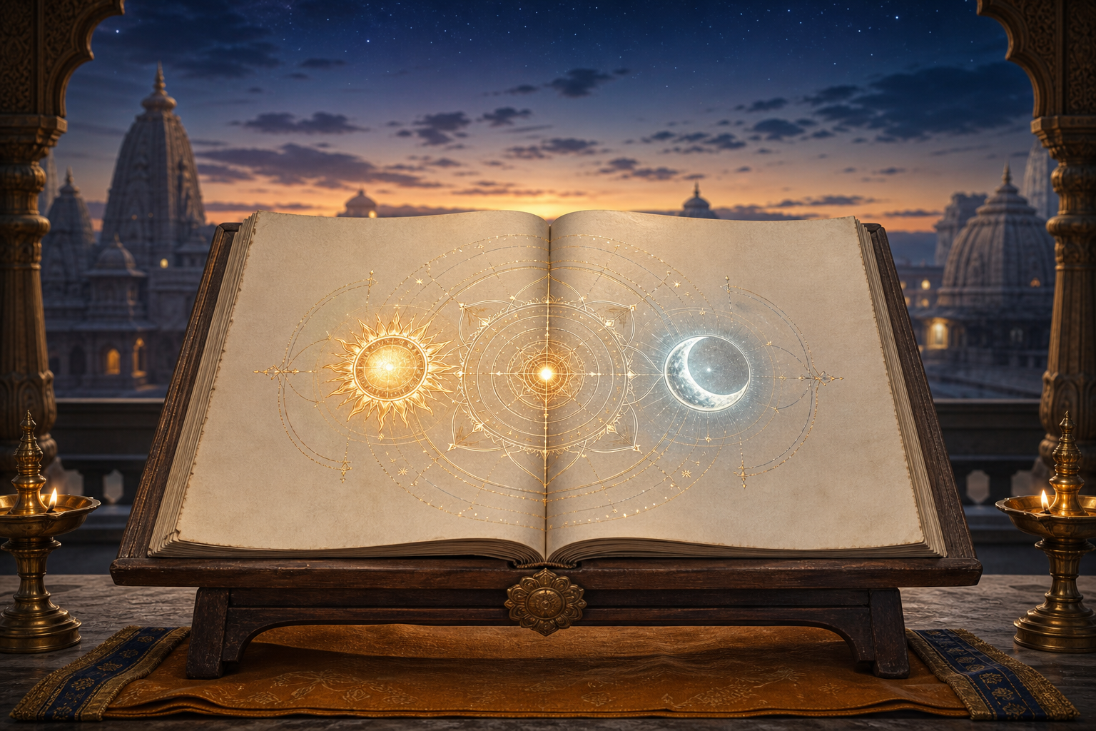 An open manuscript beneath a glowing celestial mandala, with the Sun, Moon, and a central point represented in gold and blue light.