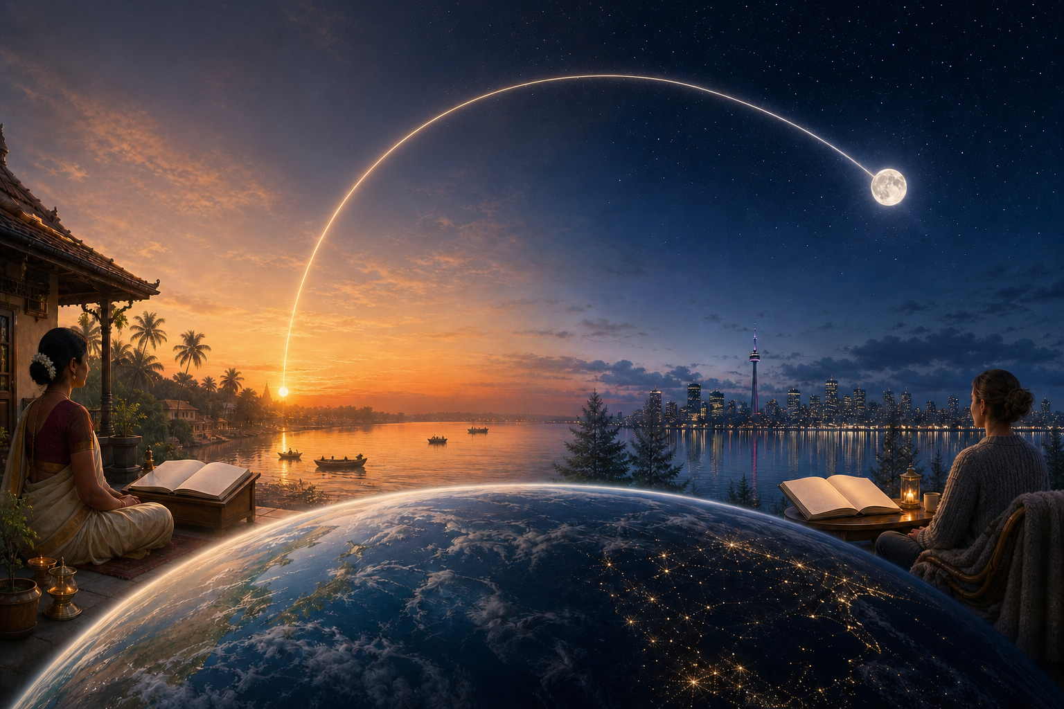Two homes in distant landscapes sit beneath a shared celestial arc, with sunrise at one location and evening at the other.