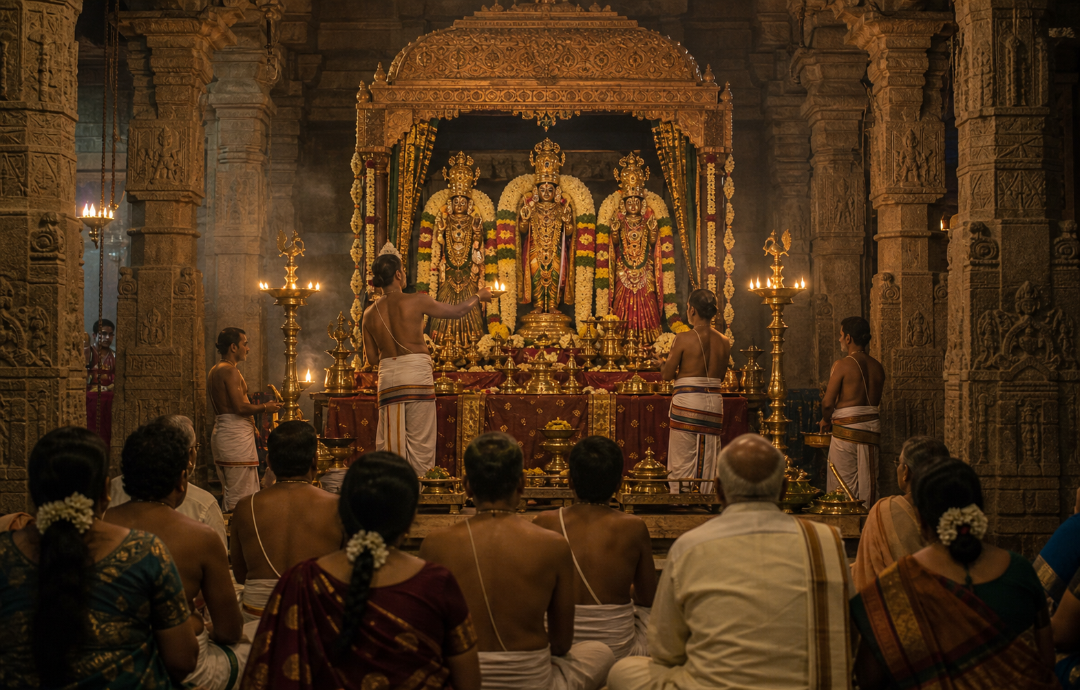 Priests conduct a lamp-lit Asthanam before the festival icons of Rama, Sita, and Lakshmana as devotees sit inside a temple mandapa.