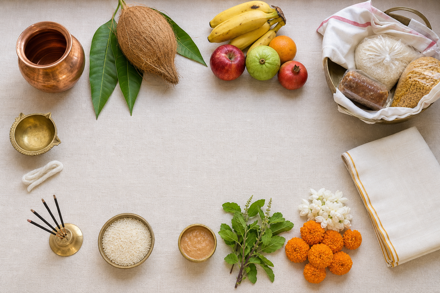 Purnima worship supplies, including a brass lamp, water vessel, coconut, fruit, flowers, tulsi, rice, incense, cloth, and a donation basket, are arranged on cotton fabric.