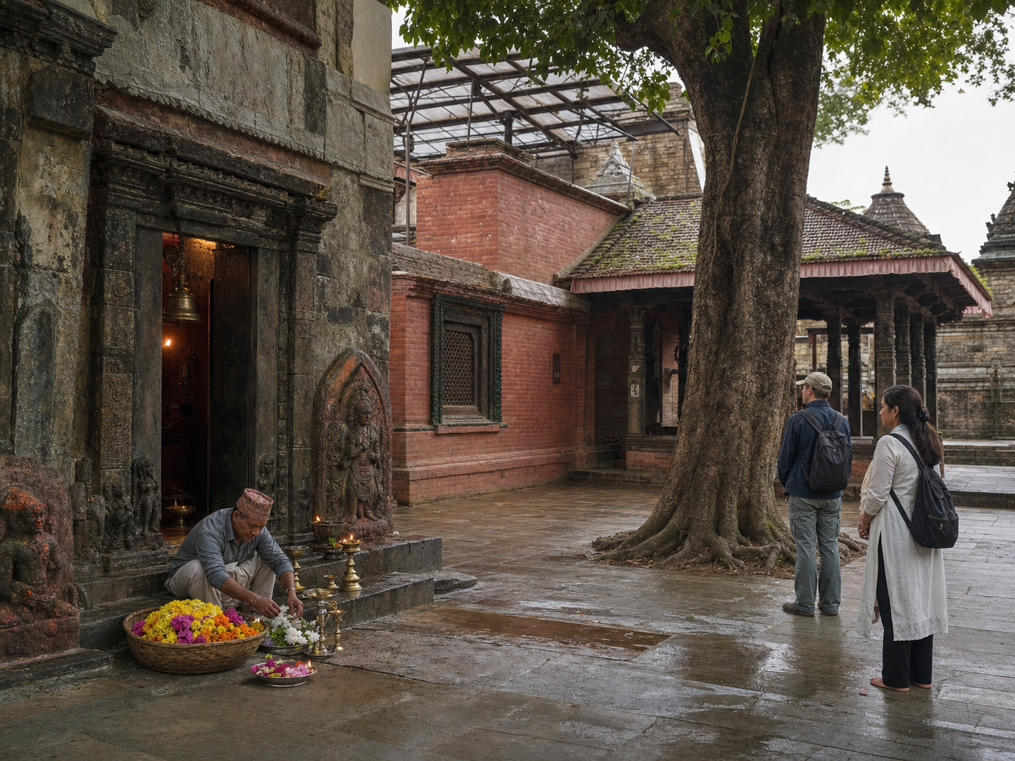 A living temple courtyard combines weathered stonework, later repairs, a timber pavilion, fresh flowers, and oil lamps.