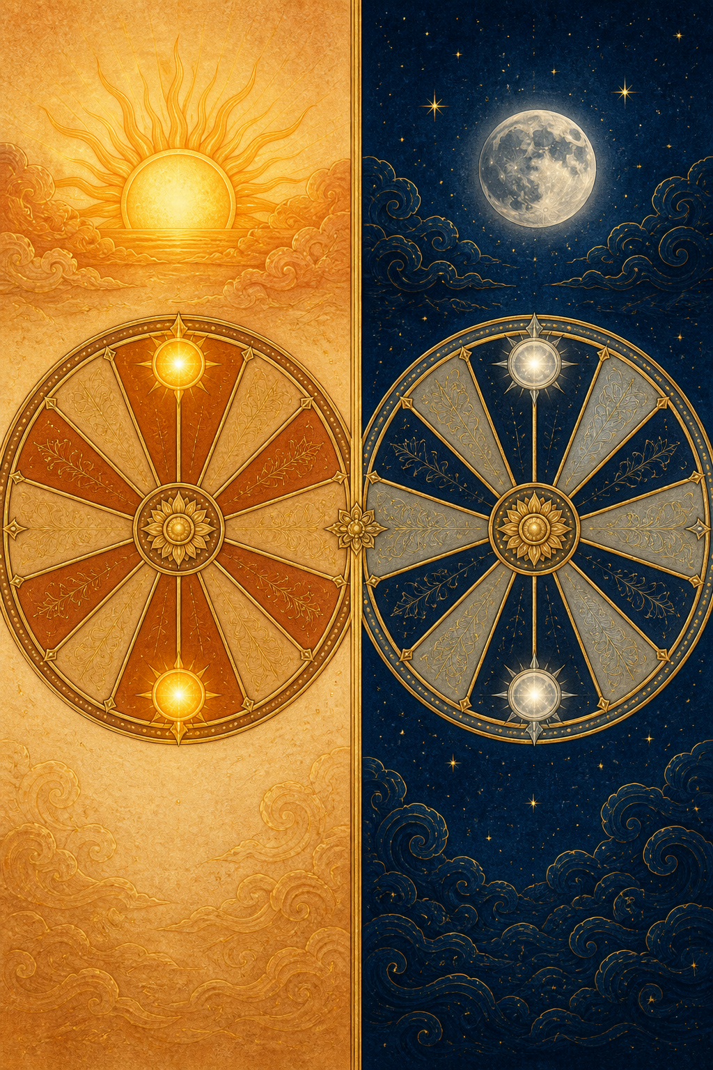 A split day-and-night illustration with three celestial lights positioned in alternating sections of two abstract zodiac circles.