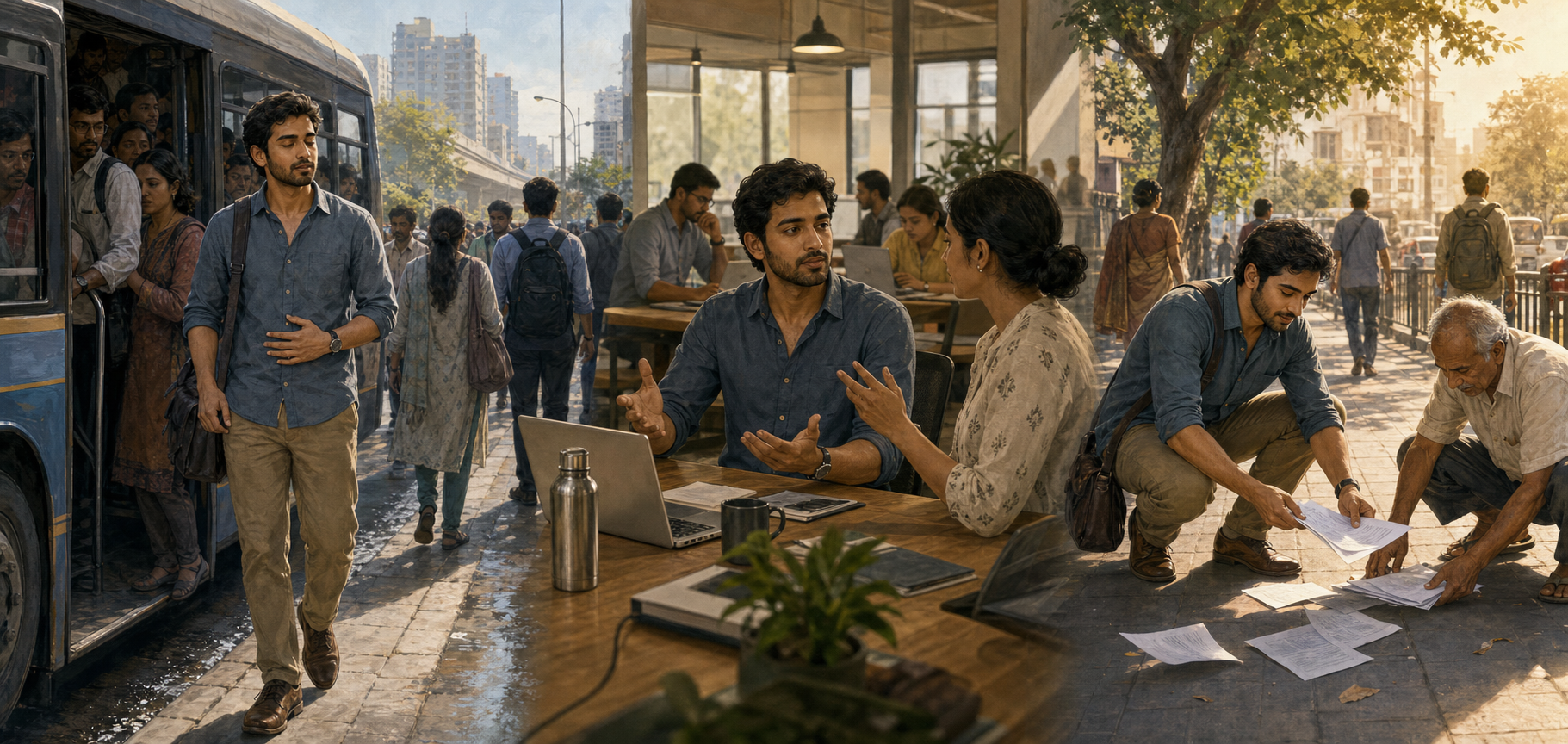 The same commuter pauses to recover, speaks calmly during a disagreement, and helps a stranger collect scattered papers.