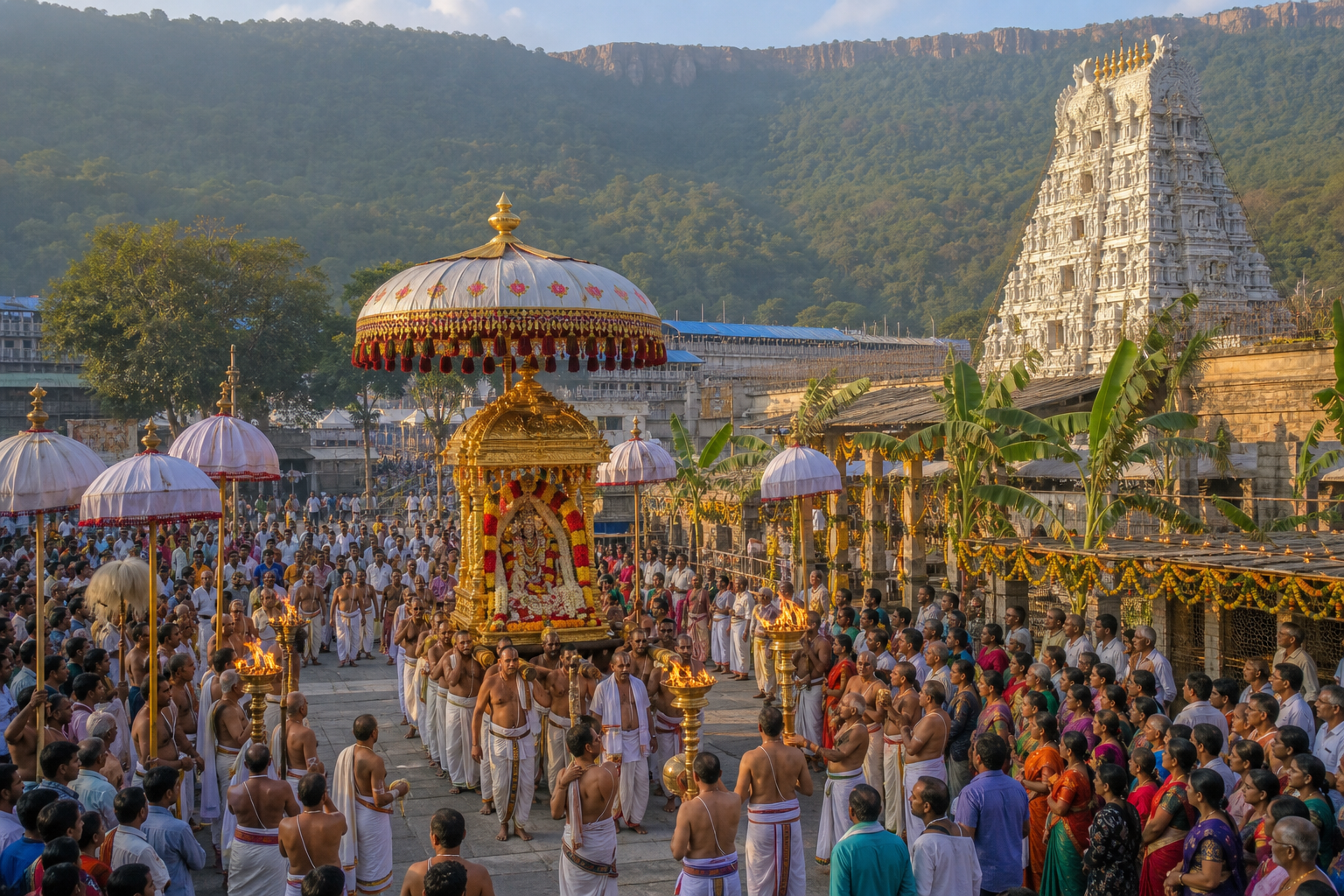 A ceremonial procession with priests, pilgrims, flower garlands, lamps, and parasols crosses the courtyard of a South Indian temple beneath forested hills.