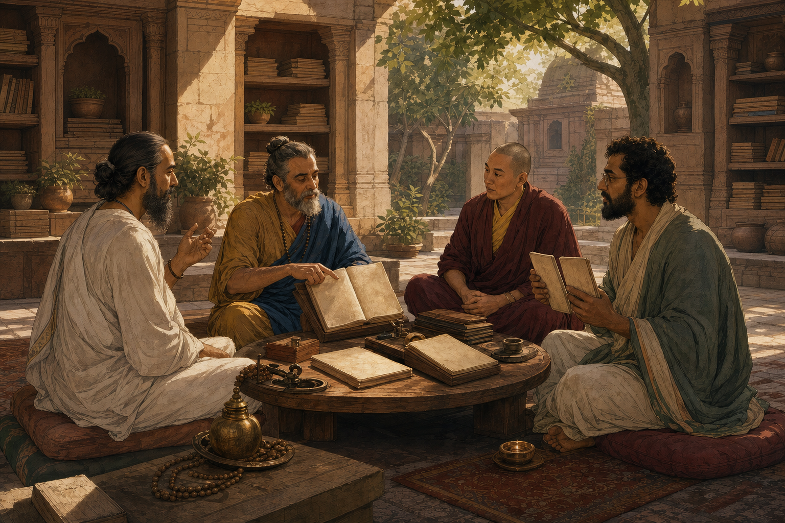 Scholars in distinct dress compare manuscripts and listen to one another around a low table in a library courtyard.