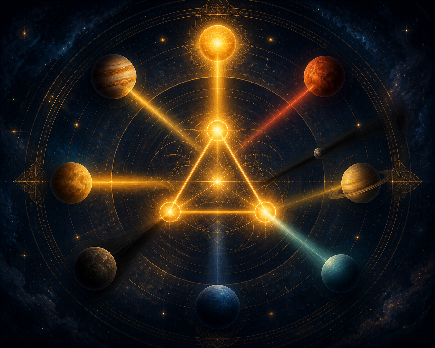 A glowing three-point celestial pattern changes in brightness as surrounding planets cast light and shadow across it.