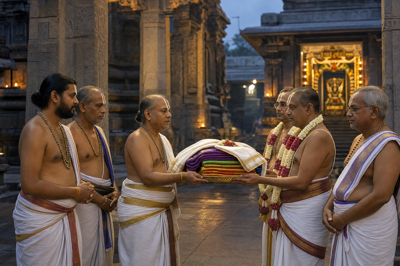 Temple priests respectfully present folded ceremonial silk garments on a brass tray in a lamp-lit Tirupati temple courtyard.