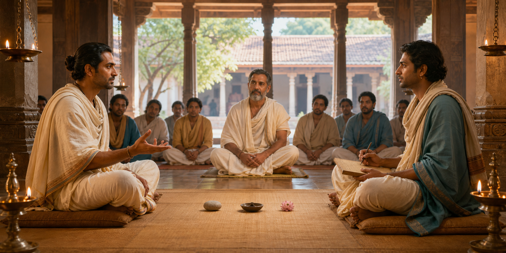 Two participants and a neutral facilitator conduct an orderly discussion in a learning hall while a small audience listens.