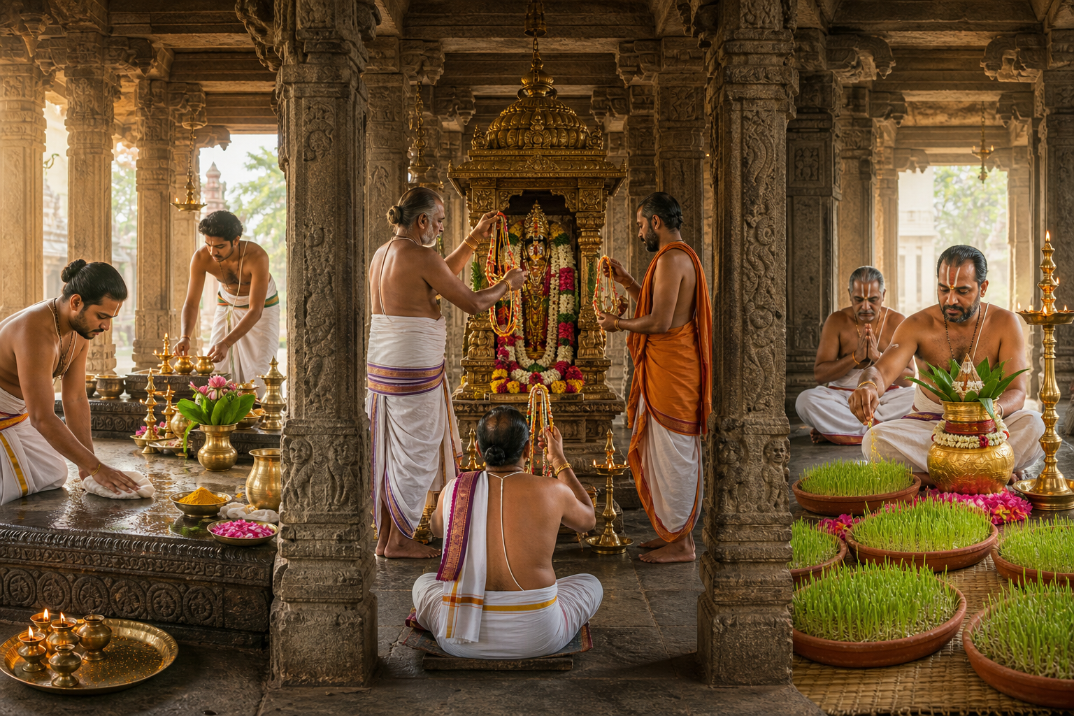 Three adjoining temple spaces show attendants cleansing a ritual platform, priests offering sacred threads and garlands, and priests blessing trays of sprouting grain.