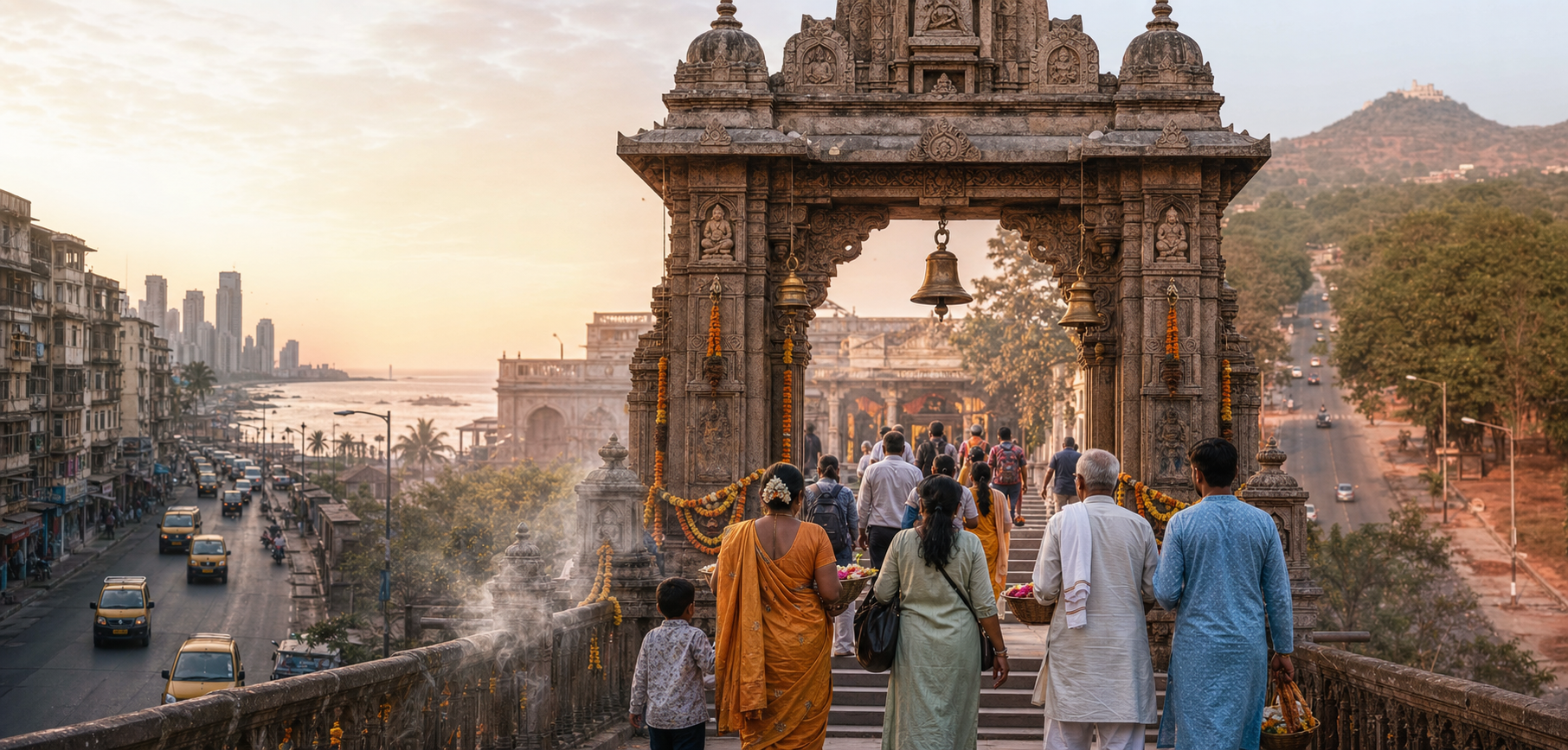 Pilgrims carrying flower offerings walk toward a temple gateway in a panoramic Maharashtra cityscape that blends dense Mumbai streets with the tree-lined roads and distant hills of Nagpur.