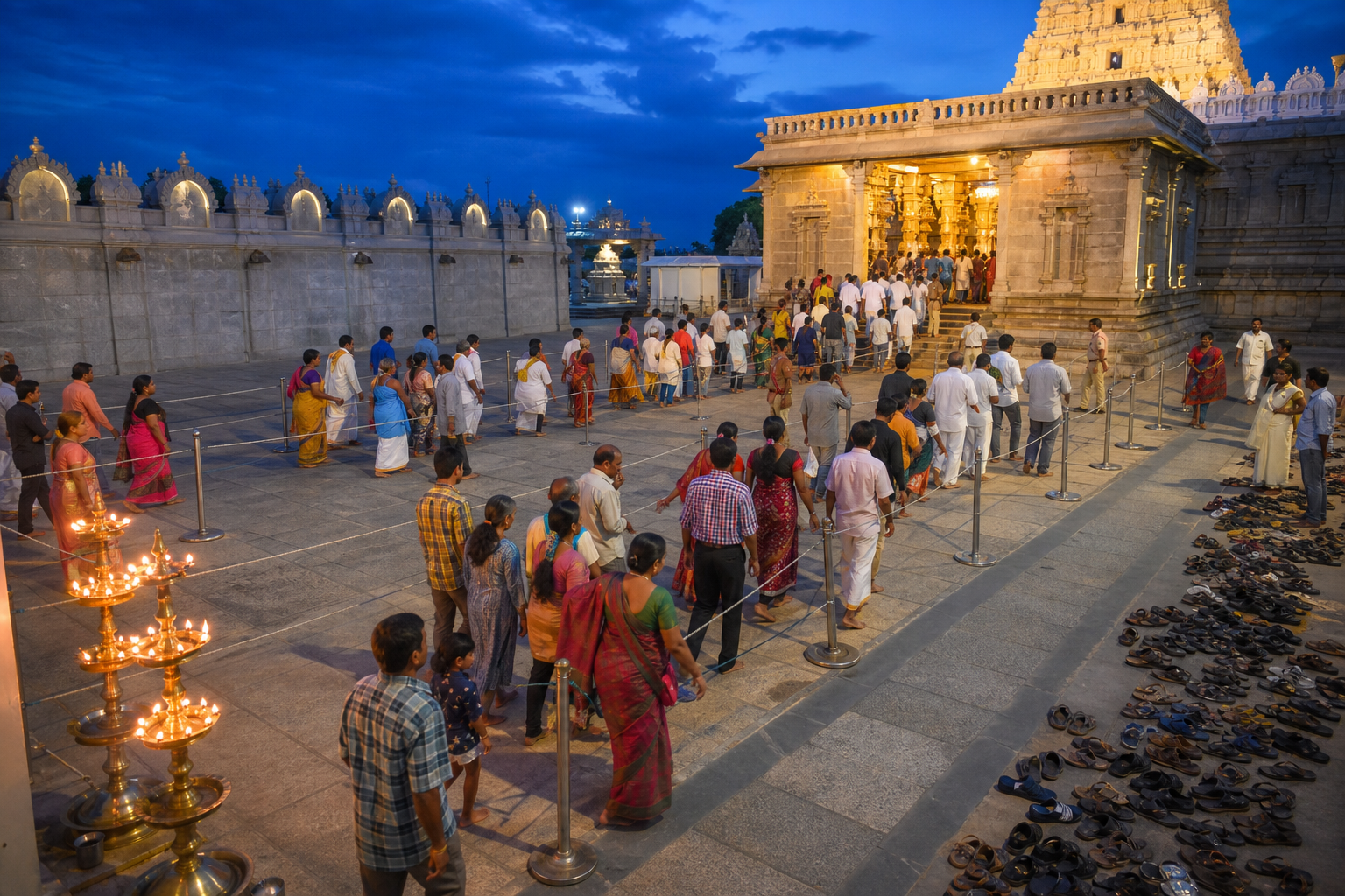 Devotees move through orderly queue lanes toward a lamp-lit Tirupati temple entrance during an evening festival.