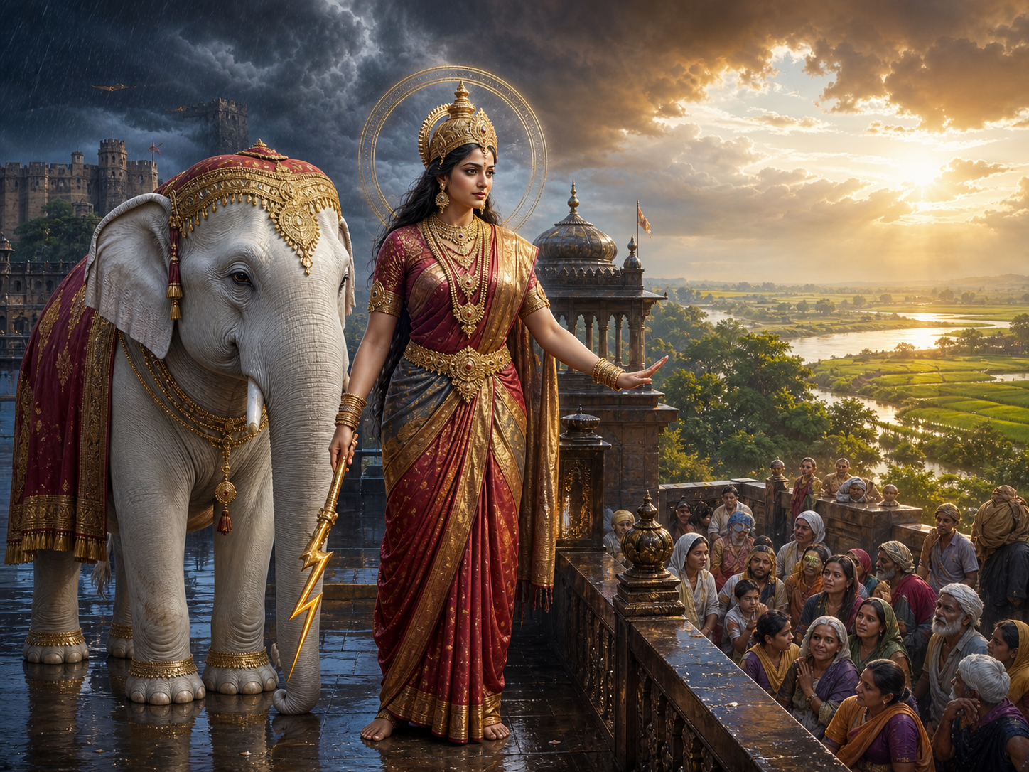 Indrani stands beside a white elephant with a lowered thunderbolt and a raised protective hand as storm clouds clear above people and fields.