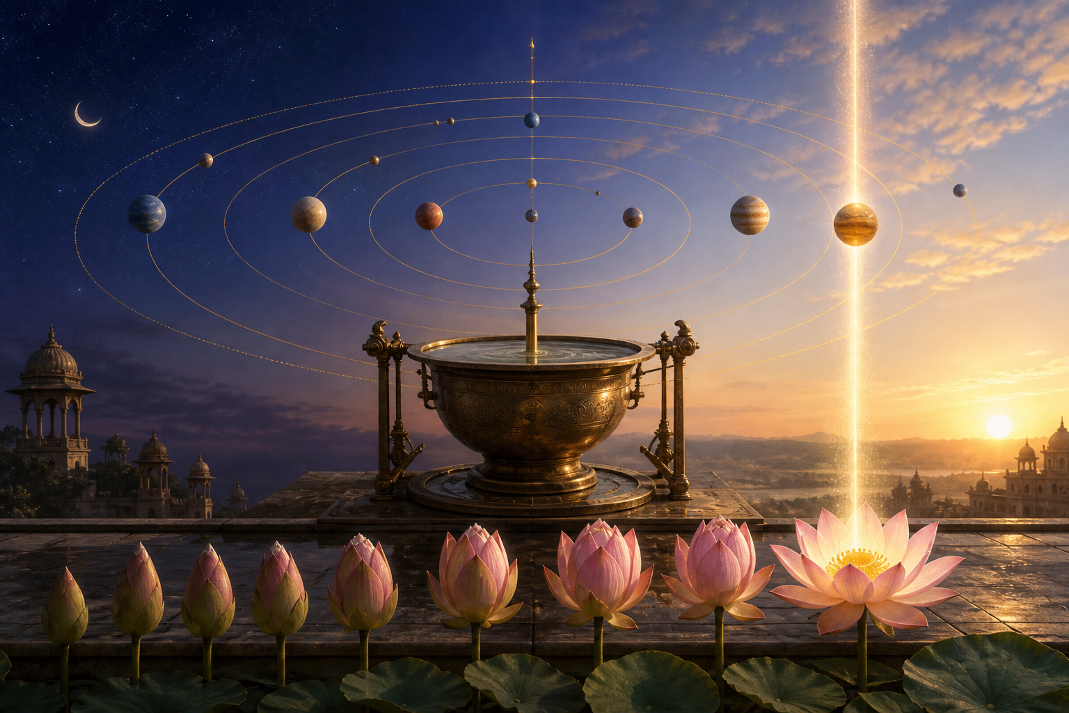 Planets move along concentric paths above a brass water-clock as lotus buds gradually open in golden light.