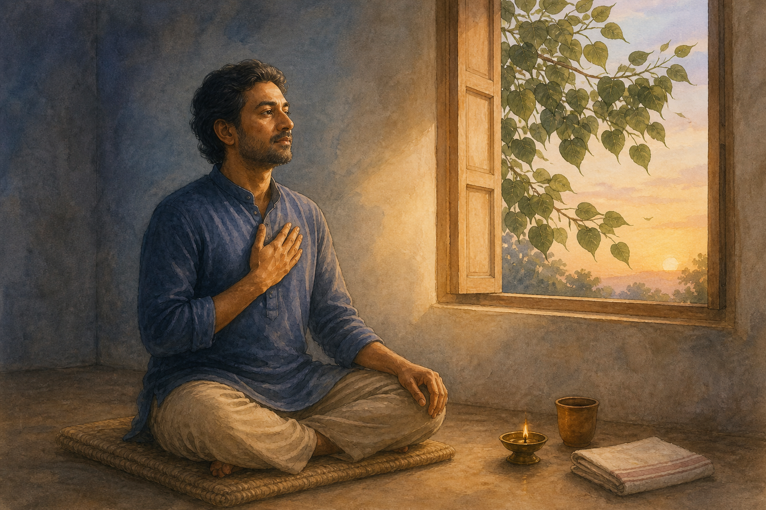 A person sits on a woven cushion beside a dawn-lit window, with one hand on the heart and a sacred fig tree visible outside.