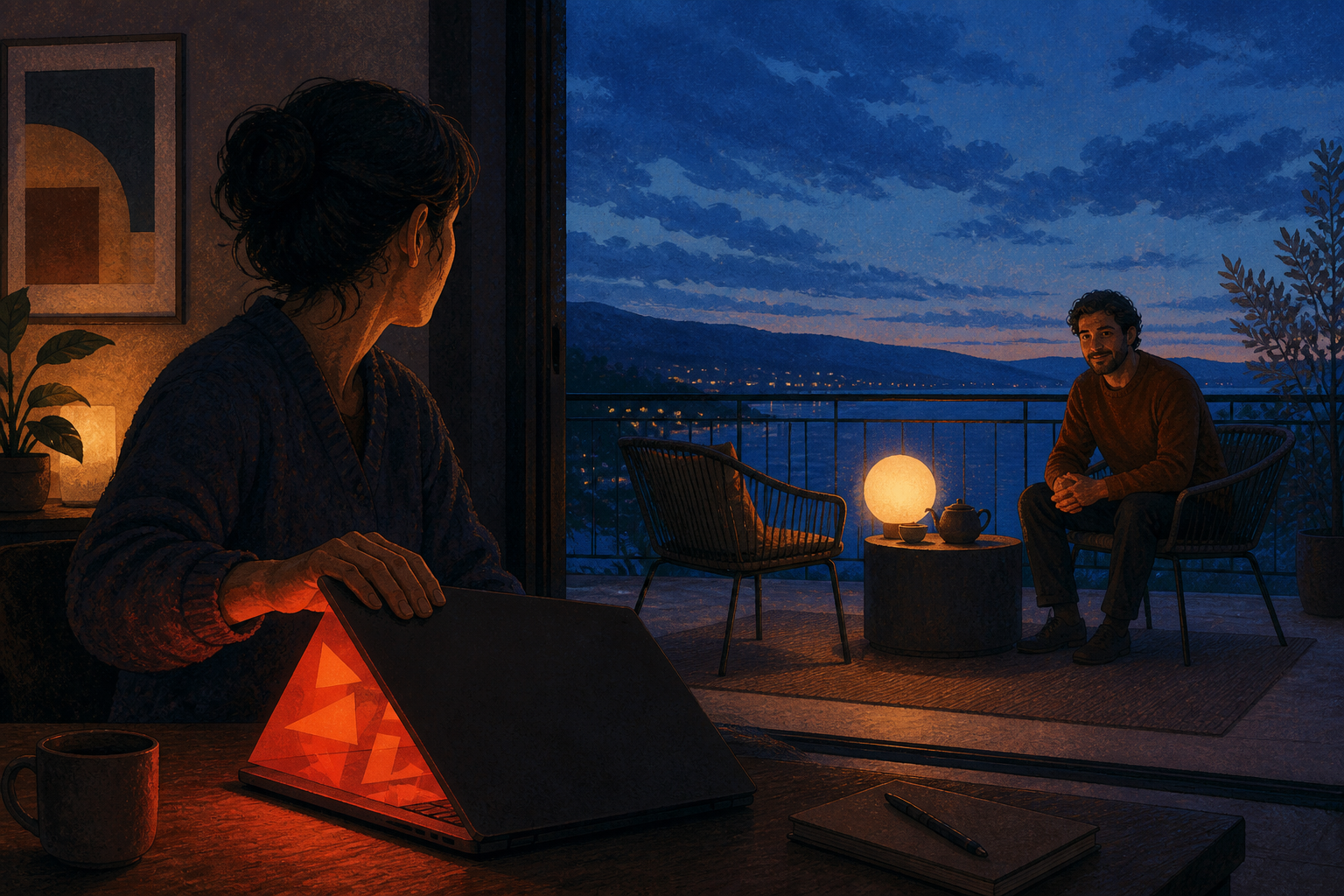 A person closes a brightly lit laptop and turns toward another person waiting beside two chairs and a pot of tea on a quiet balcony.