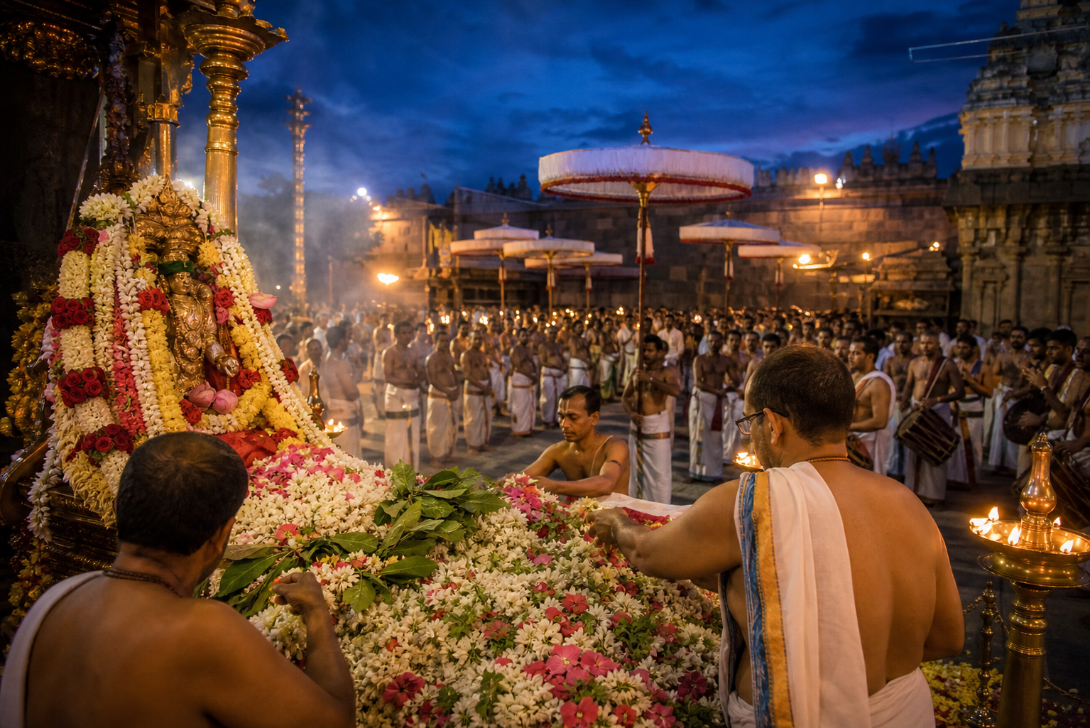 Priests arrange a large flower offering before a festival shrine while a lamp-lit temple procession and gathered pilgrims fill the courtyard behind them.