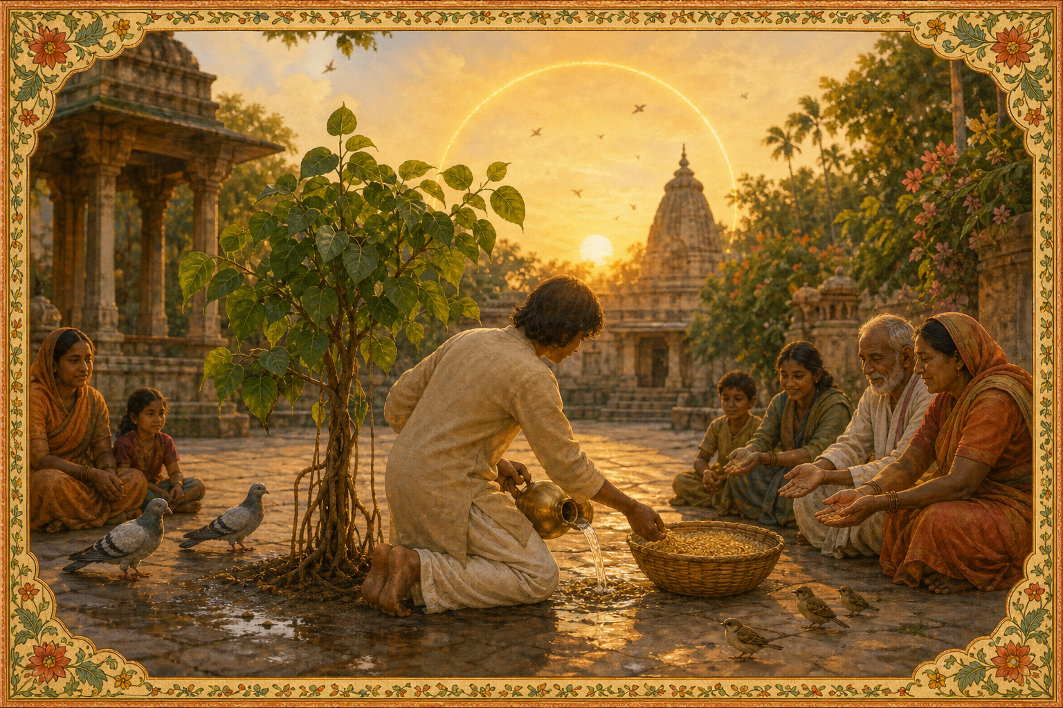 A person waters a young banyan tree and shares grain with villagers and birds in a sunlit courtyard.