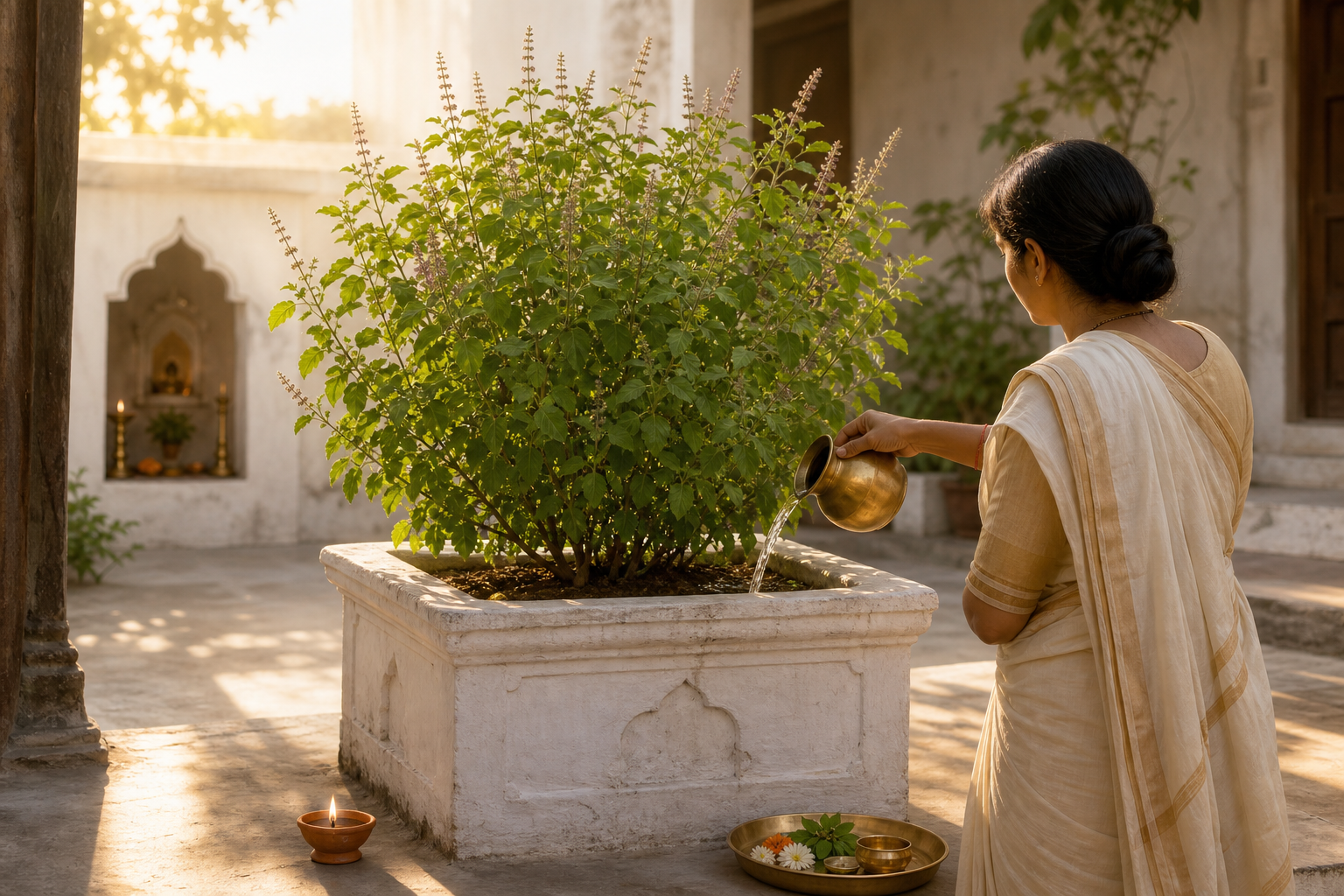 A devotee waters a healthy Tulasi plant in a raised courtyard planter beside a brass vessel and a small oil lamp at dawn.