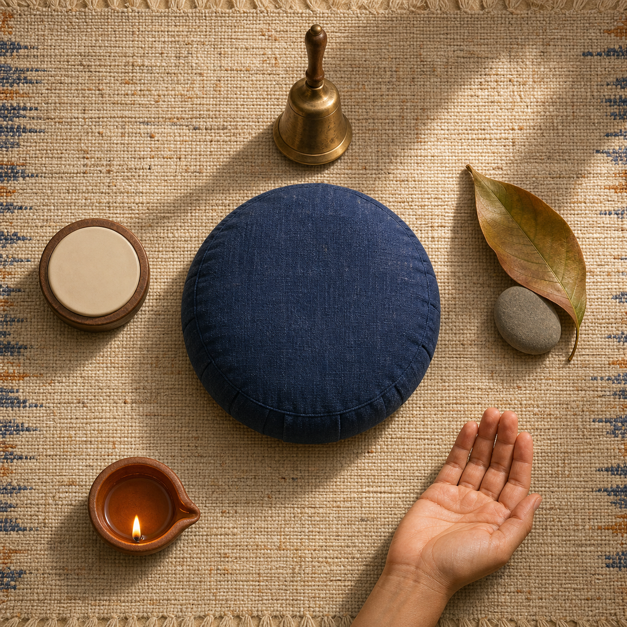 An overhead arrangement shows a meditation cushion, brass bell, leaf, stone, relaxed hand, oil lamp, and unmarked timer on a woven mat.