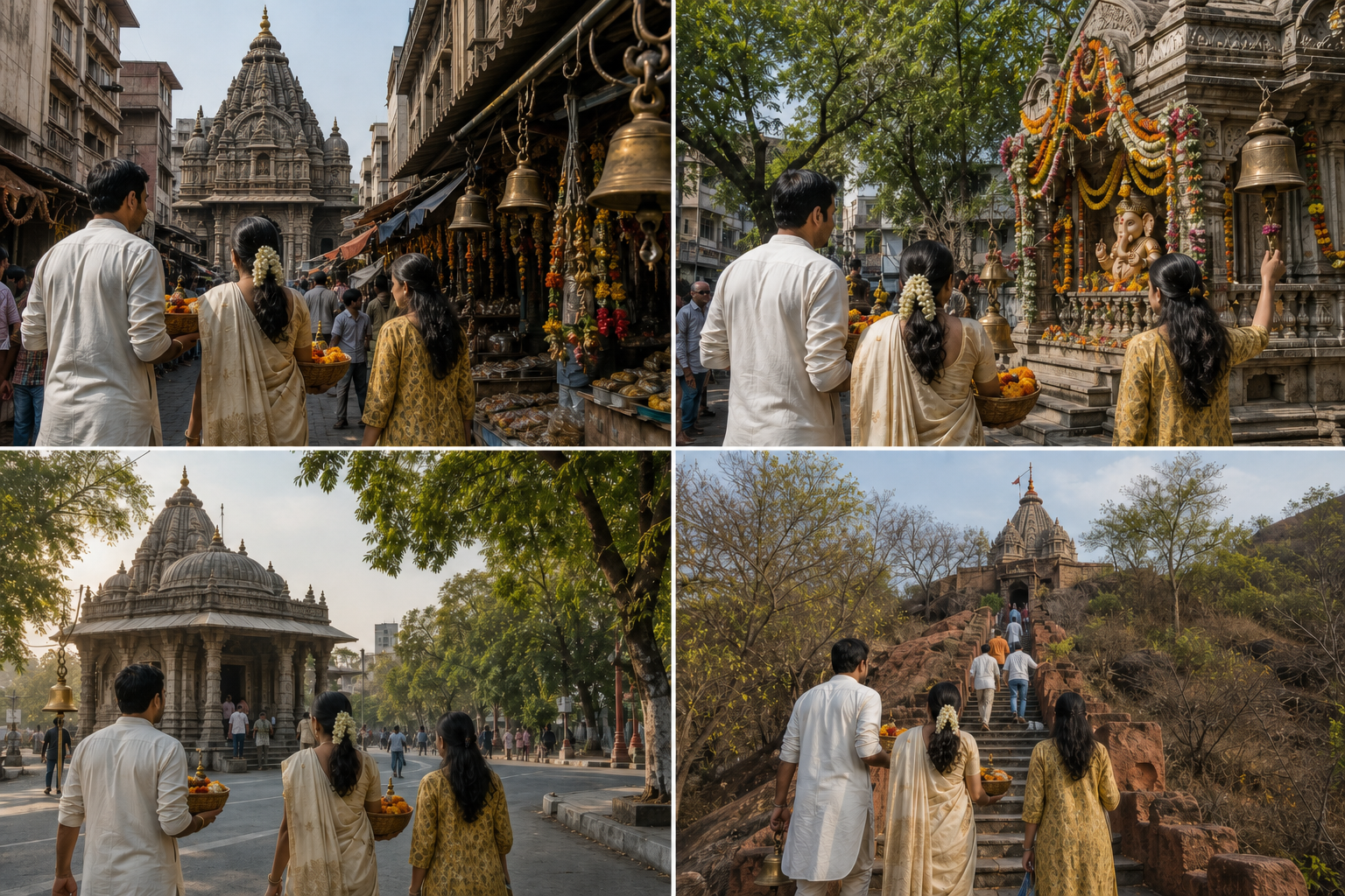 Four scenes show pilgrimage settings in old Mumbai, central Mumbai, urban Nagpur, and the wooded hills outside Nagpur.