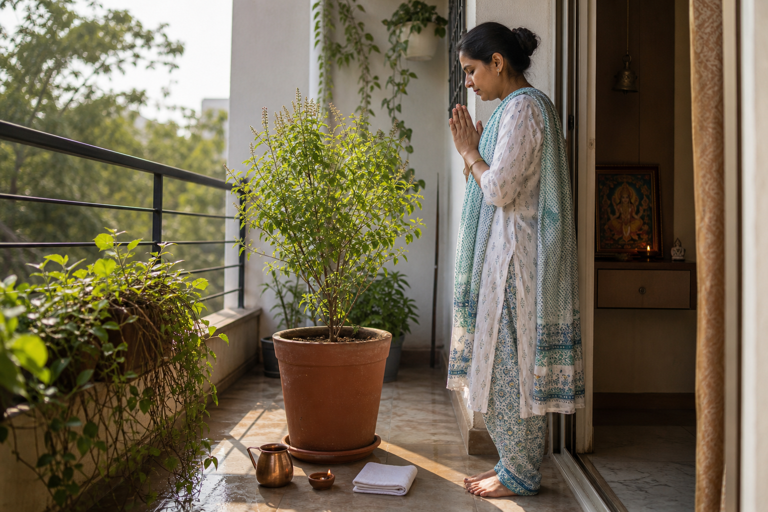 A householder pauses in prayer beside a watered potted Tulasi plant and a single clay lamp on a clean apartment balcony.