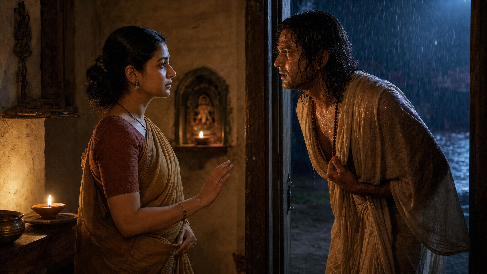 Ratnavali stands beside an oil lamp and speaks to a rain-soaked Tulsidas at the threshold of a modest home at night.