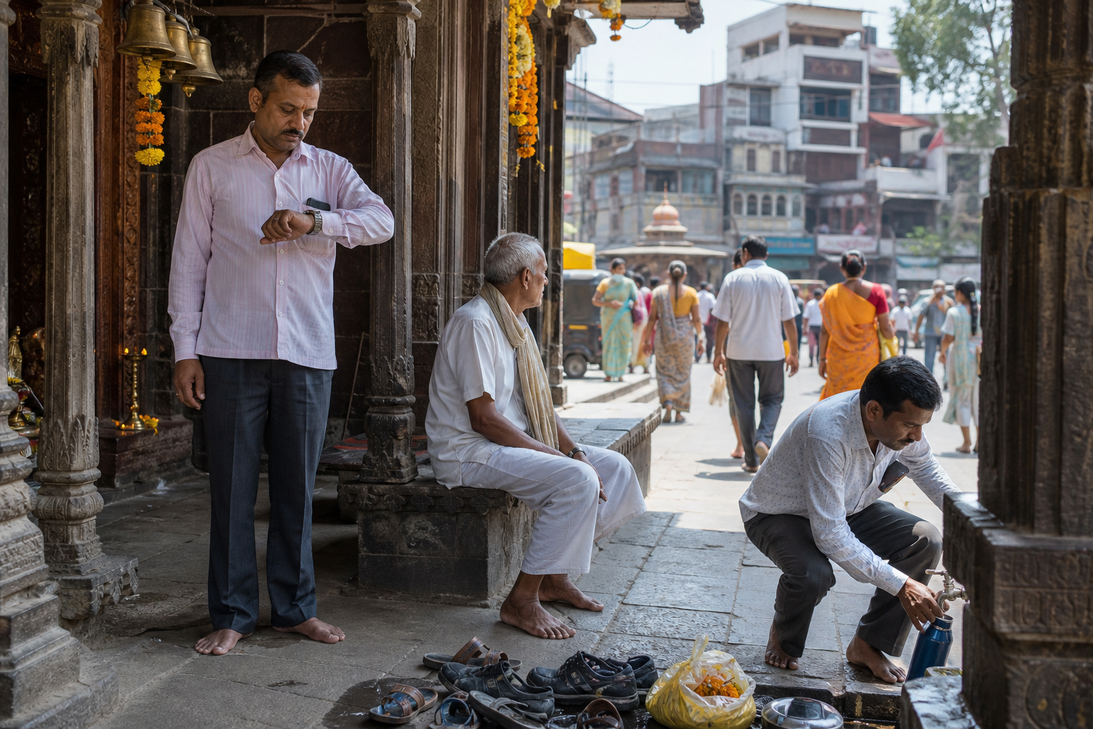 Pilgrims rest, check the time, and refill water in a shaded temple arcade while a bright urban street remains active outside.