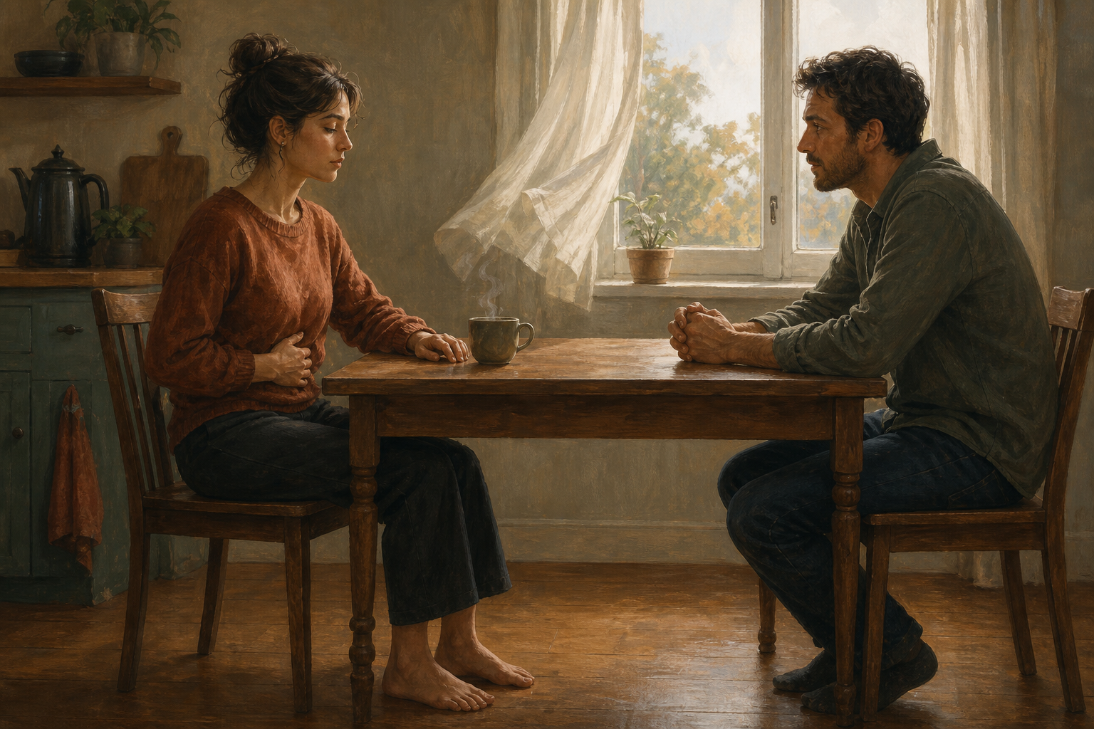Two adults sit across a kitchen table as one pauses with a hand near the abdomen before responding.