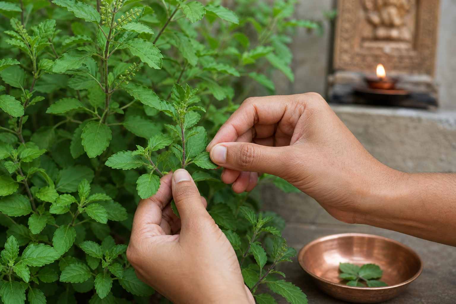 Two hands carefully gather a few mature leaves from a healthy Tulasi plant while supporting the stem, with a small copper bowl nearby.