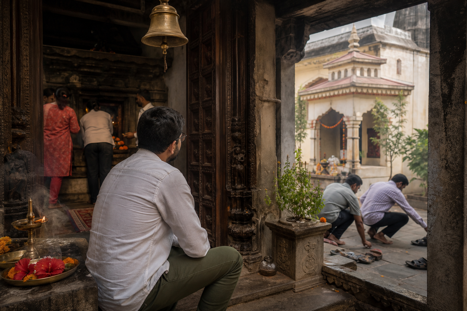 A pilgrim pauses at a temple threshold surrounded by bells, flowers, an oil lamp, carved doors, stone steps, and a view into a contrasting shrine courtyard.