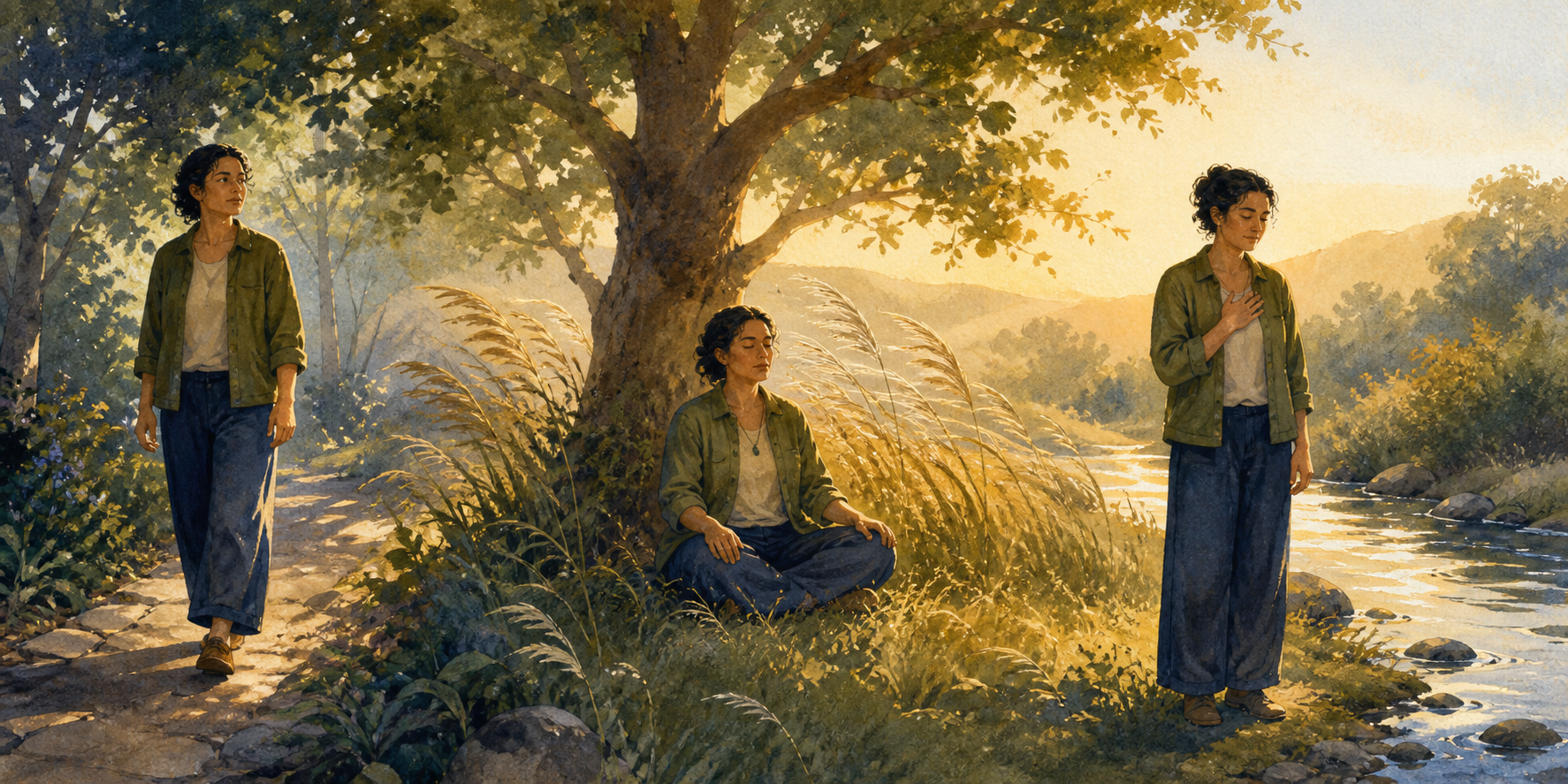 One person is shown walking on a garden path, sitting beneath a windblown tree, and standing beside a quiet stream in three connected scenes.