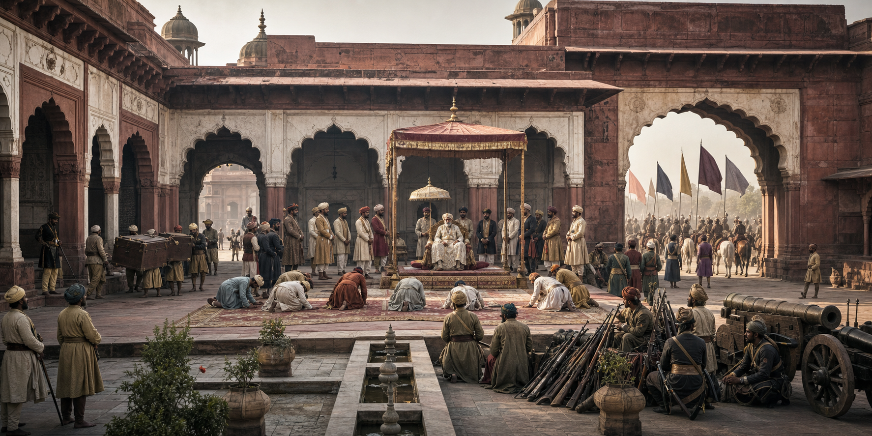 Shah Alam II presides over a formal court ceremony while revenue chests, unpaid soldiers, departing envoys, and mounted forces disperse through different palace gates.