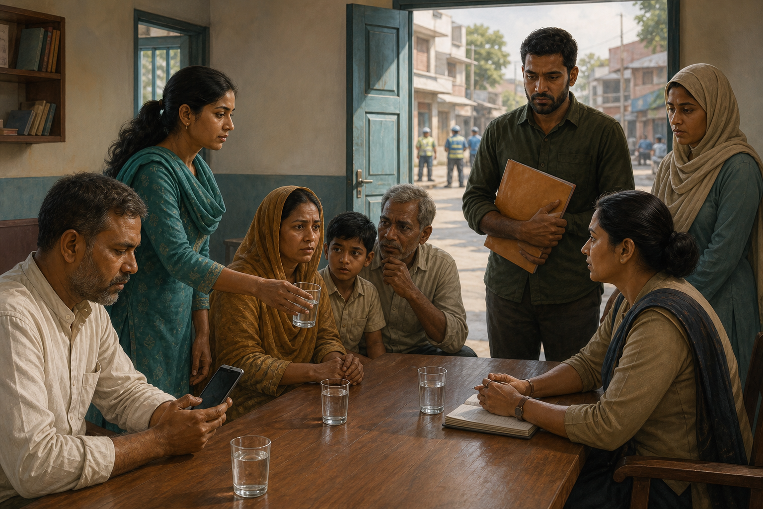South Asian residents, volunteers, and a local official calmly coordinate support and document an incident in a neighborhood community room.