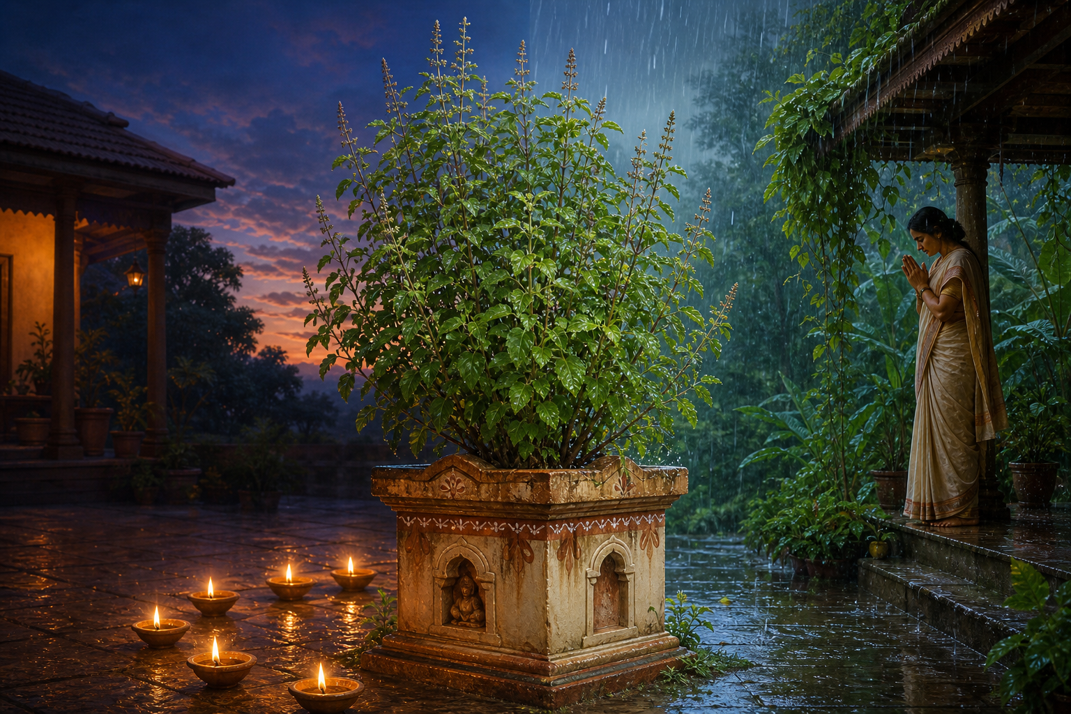 A Tulasi planter is shown between glowing clay lamps at an autumn evening and a rain-washed monsoon courtyard with a devotee praying nearby.